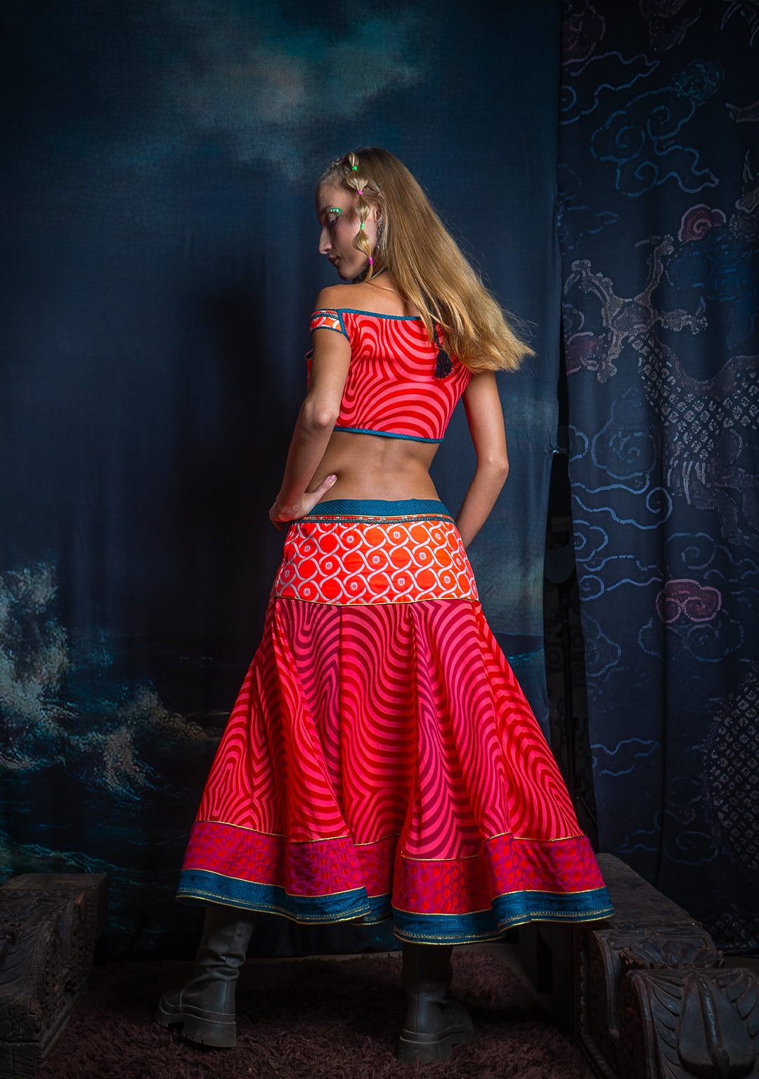 Choli & Skirt Woman Combo / Jaquard & Voile - PINKORANGE MADNESS